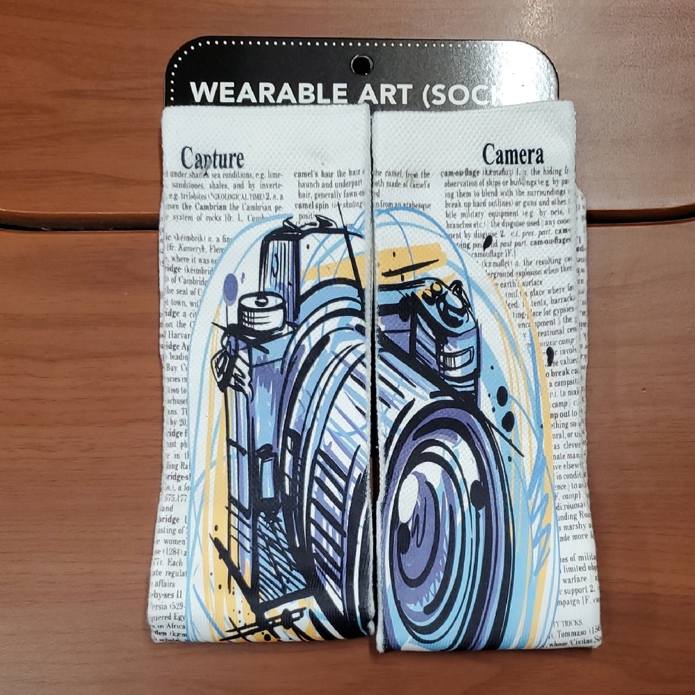 Wearable Art Camera Graphic Socks - White with Blue Accents
